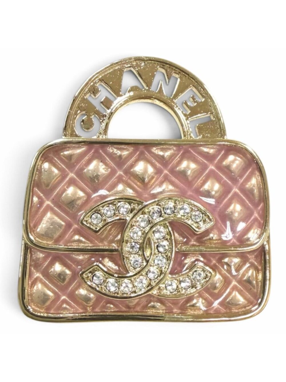 Chanel Rhinestone Quilted Bag Motif CC Logo Brooch Gold Pink